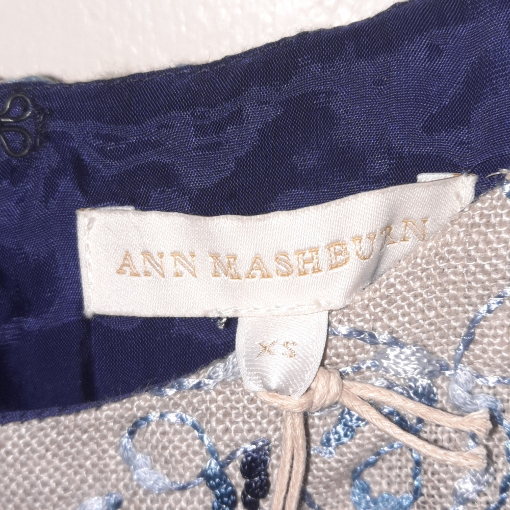 ANN MASHBURN Linen Susy Shift Dress Floral Embroidered Sleeveless Tan Khaki Blue - Picture 8 of 10